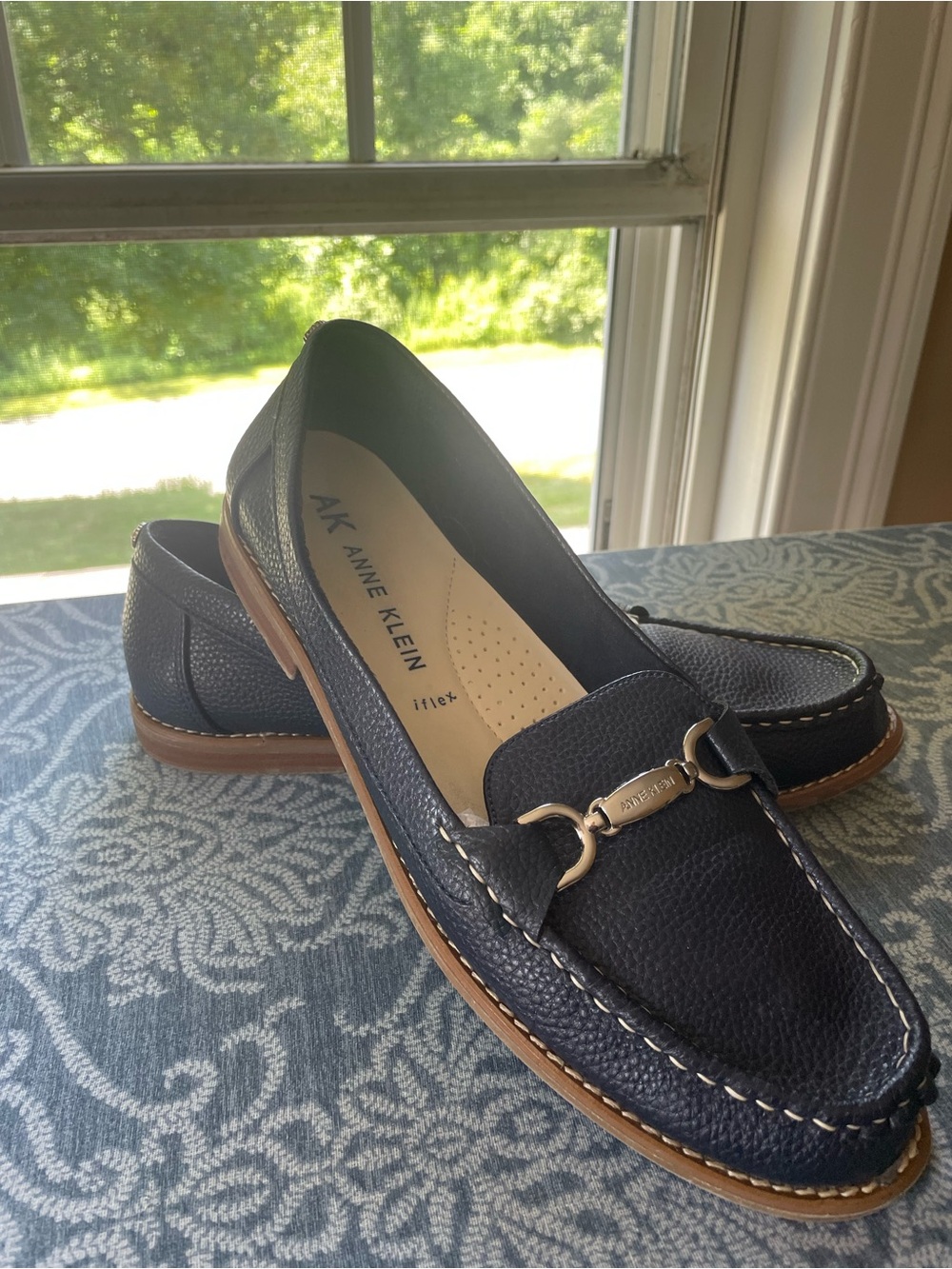 Anne Klein Navy Pebbled Leather Bit Loafers